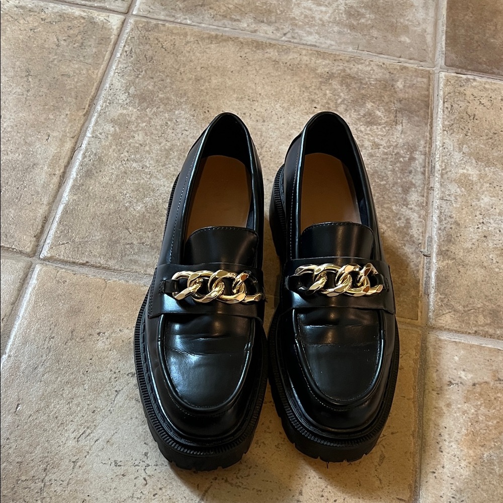H&M Black Loafers with Gold Chain Accent
